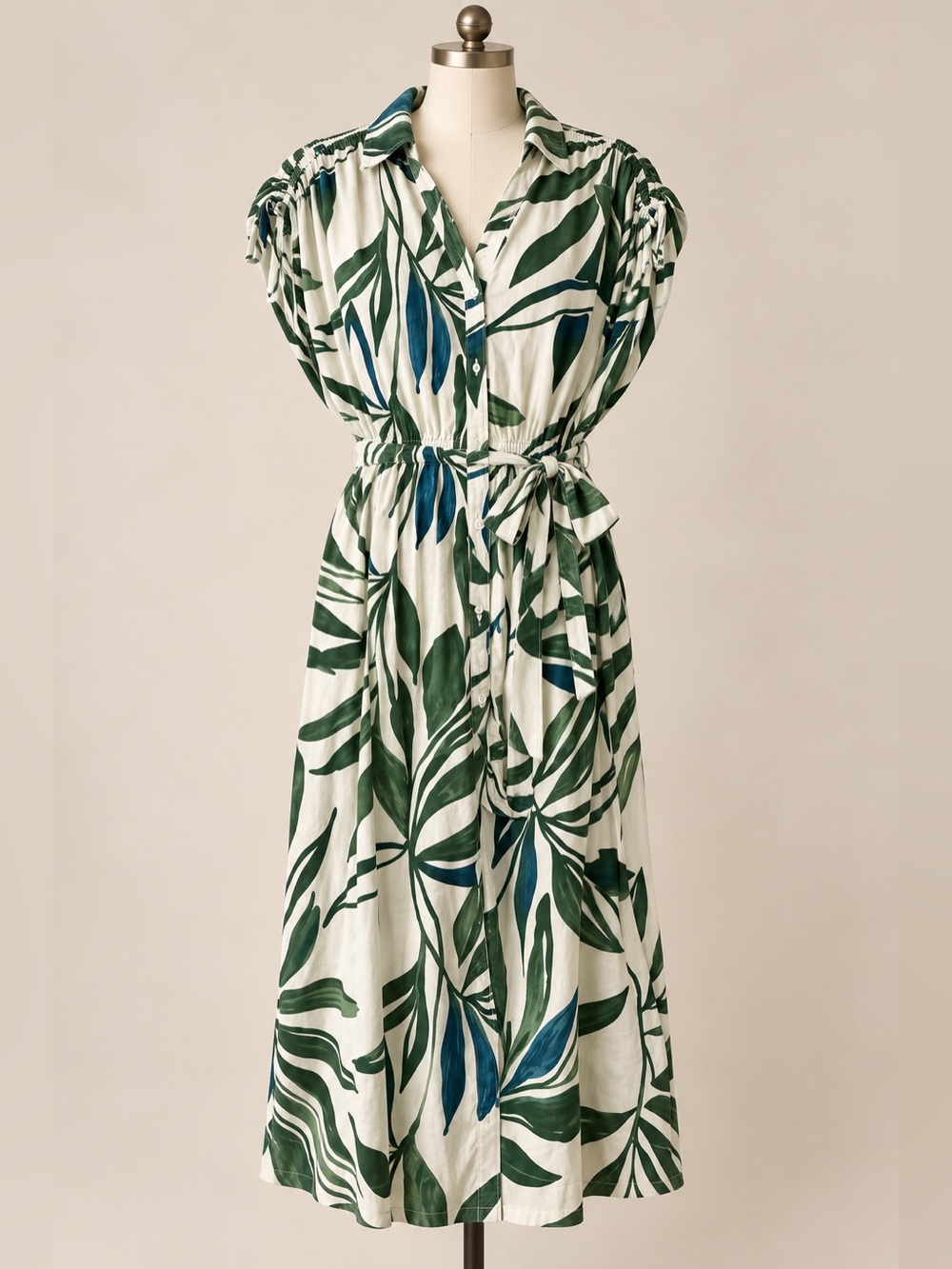 Time and Tru Botanical Leaf Print Belted Midi Shirt Dress M 8-10